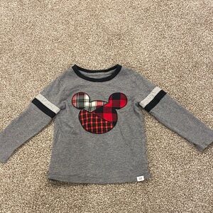 GAP baby Disney Gray Long Sleeve Kids Shirt with Plaid Mickey Mouse Design